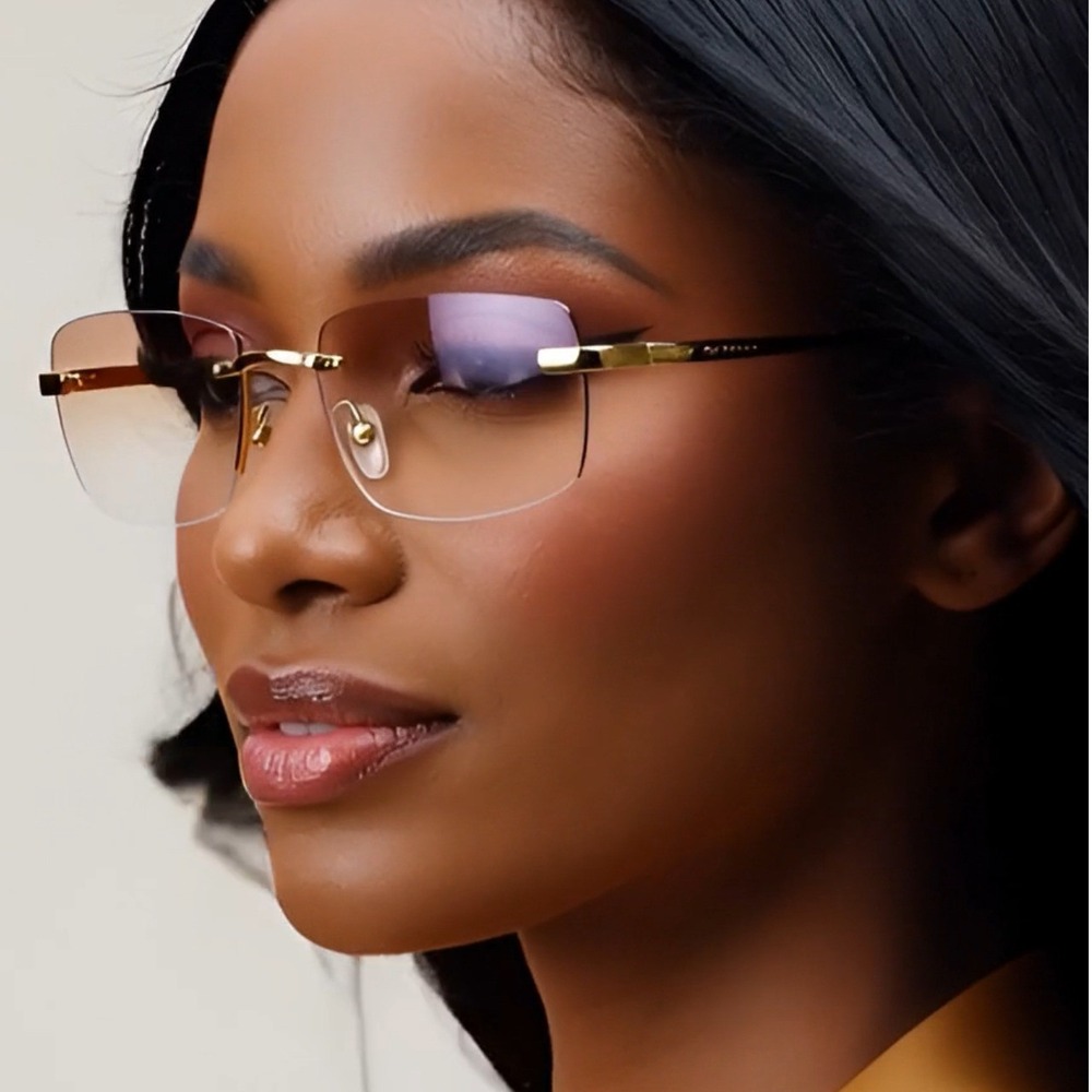 Rimless Sunglasses Gold Frame Pink Lens‎ UV400 Protection Women Fashion Shades